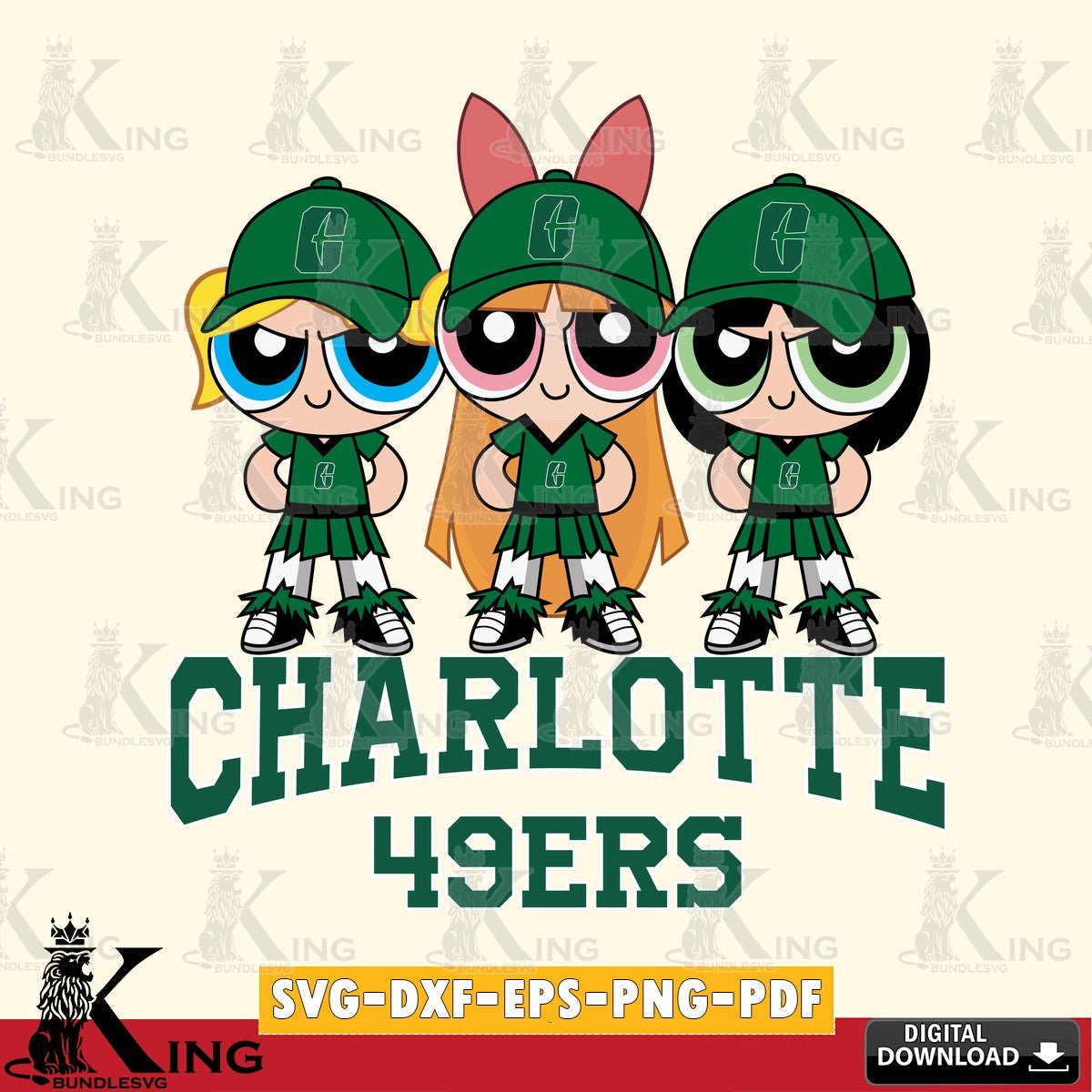 Custom design featuring Charlotte 49ers PowerPuff Girls football, a vector illustration for POD merchandise and apparel.