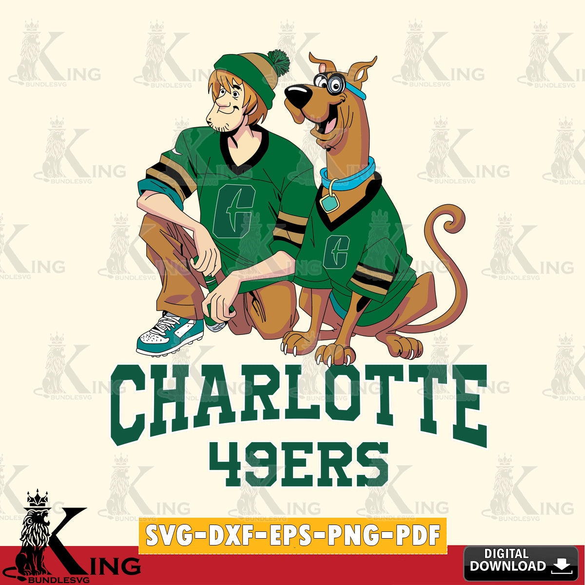 Hand-drawn style art of Charlotte 49ers, Shaggy and Scooby Doo playing football, digital download for Cricut Maker and paper