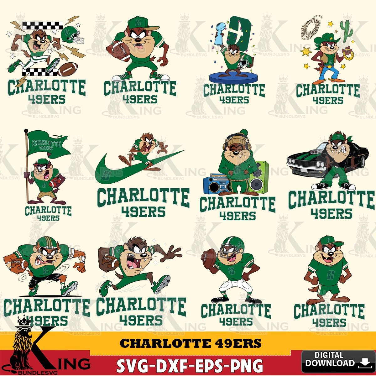 Charlotte 49ers Taz Football NCAA Bundle SVG file, Cut file  , Digital Download , Instant Download, Taz svg, NCAA svg