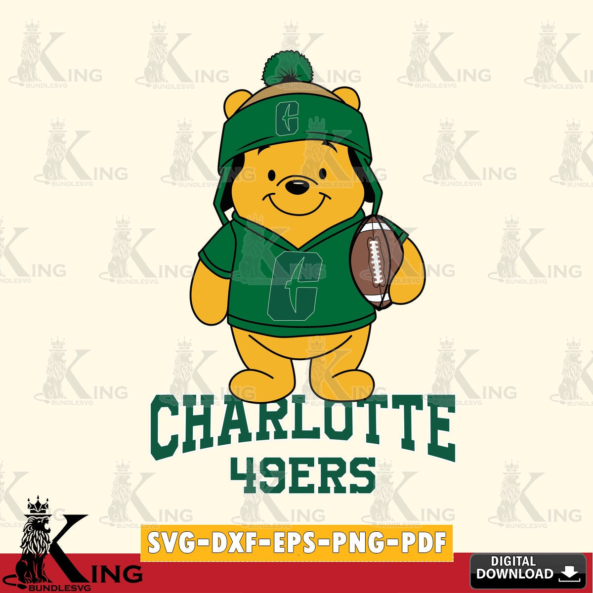 Artistic drawing of Charlotte 49ers Winnie the Pooh player Football, versatile clip art for stickers, decals, and mugs