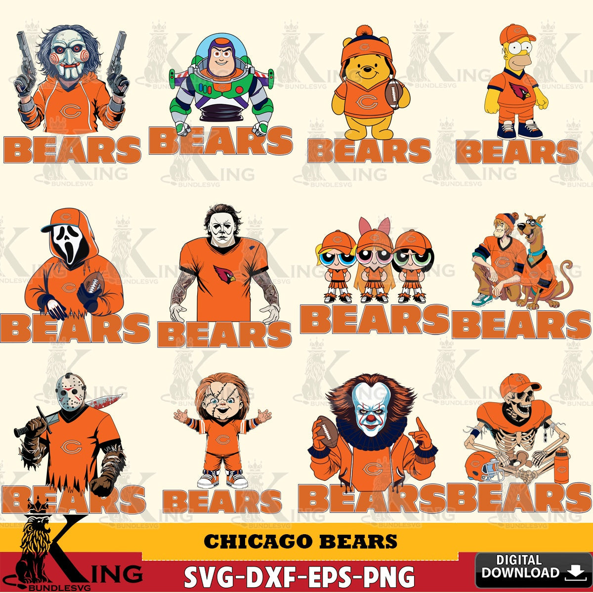 Mega bundle containing Chicago Bears cartoon football NFL, versatile clip art for stickers, decals, and mugs.