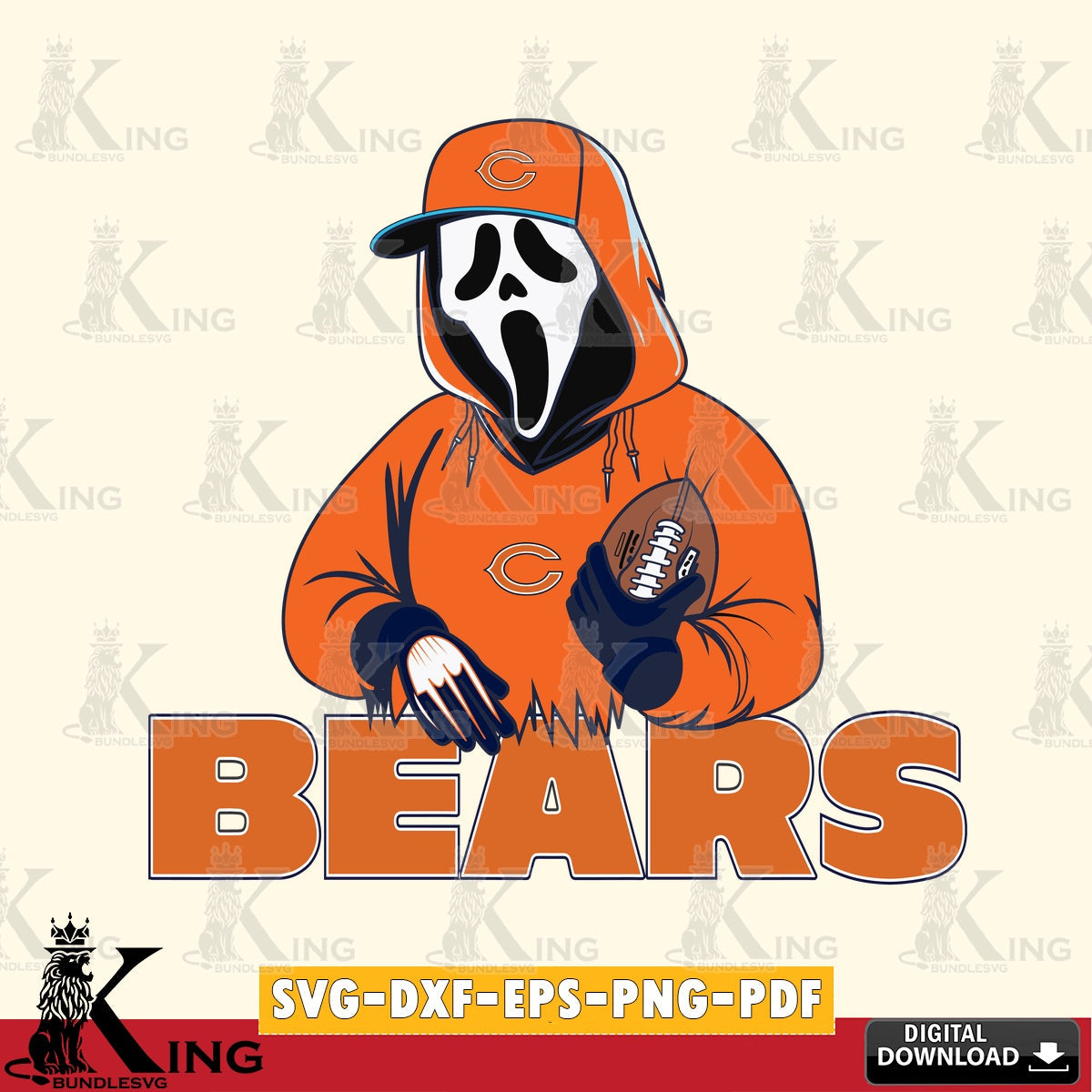 Eye-catching graphic of a Chicago Bears Ghostface Scream football player, SVG PNG design suitable for Glowforge and laser cutting.