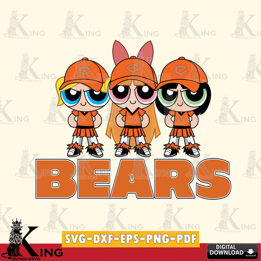 High-quality graphic of Chicago Bears PowerPuff Girls Football, SVG PNG design suitable for Glowforge and laser cutting