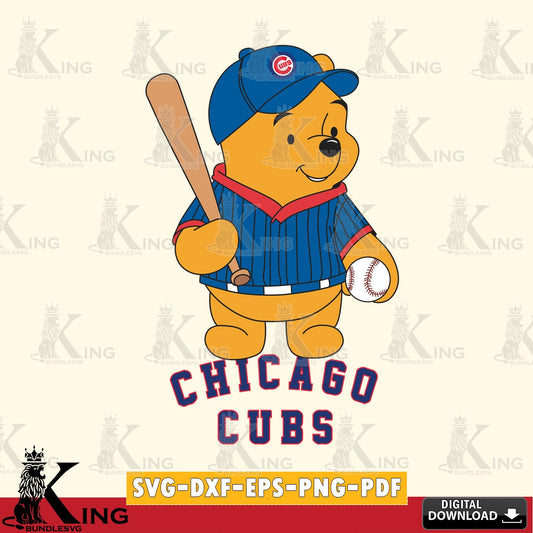 Digital download featuring a Chicago Cubs baseball batter Winnie the Pooh crafting file for iron-on transfer and vinyl decals.
