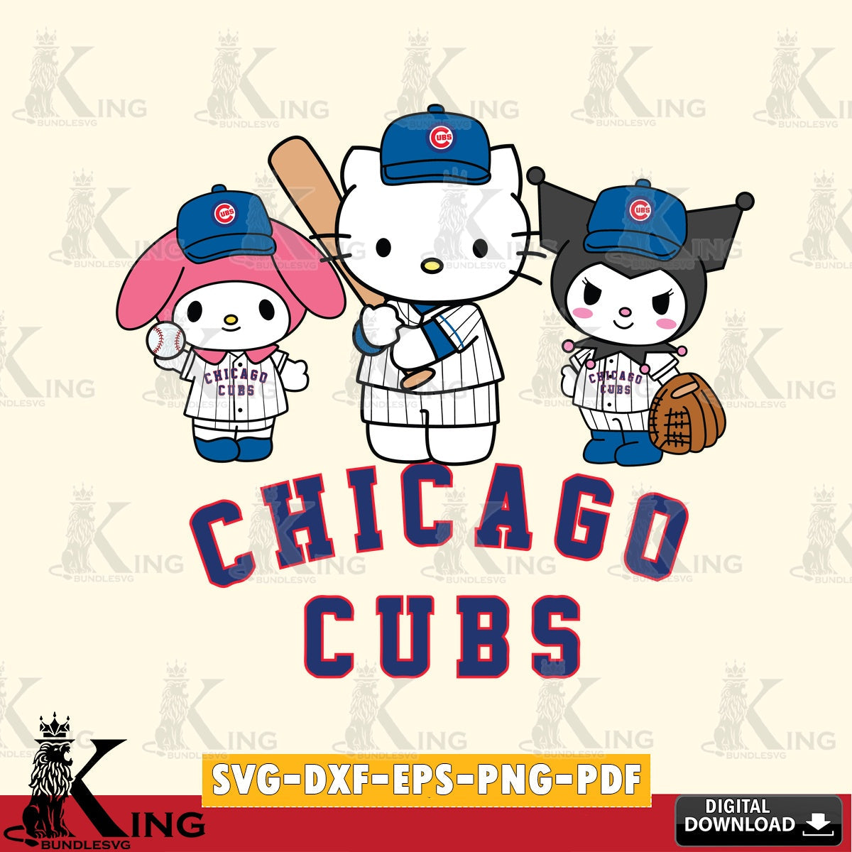 Stylish representation of Chicago Cubs cute kawaii friends as a crafting file for iron-on transfer and vinyl decals.
