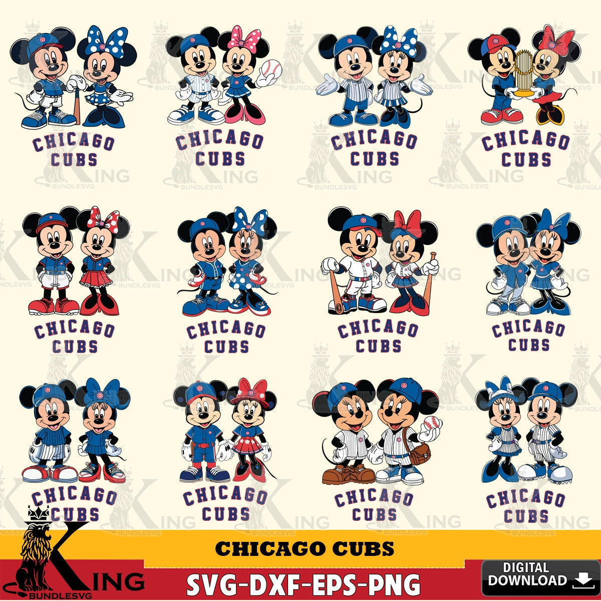 Chicago Cubs Mickey Minnie Baseball Player MLB Bundle SVG file , For Cricut,  File cut , Digital Download , PDF File, Cut Files