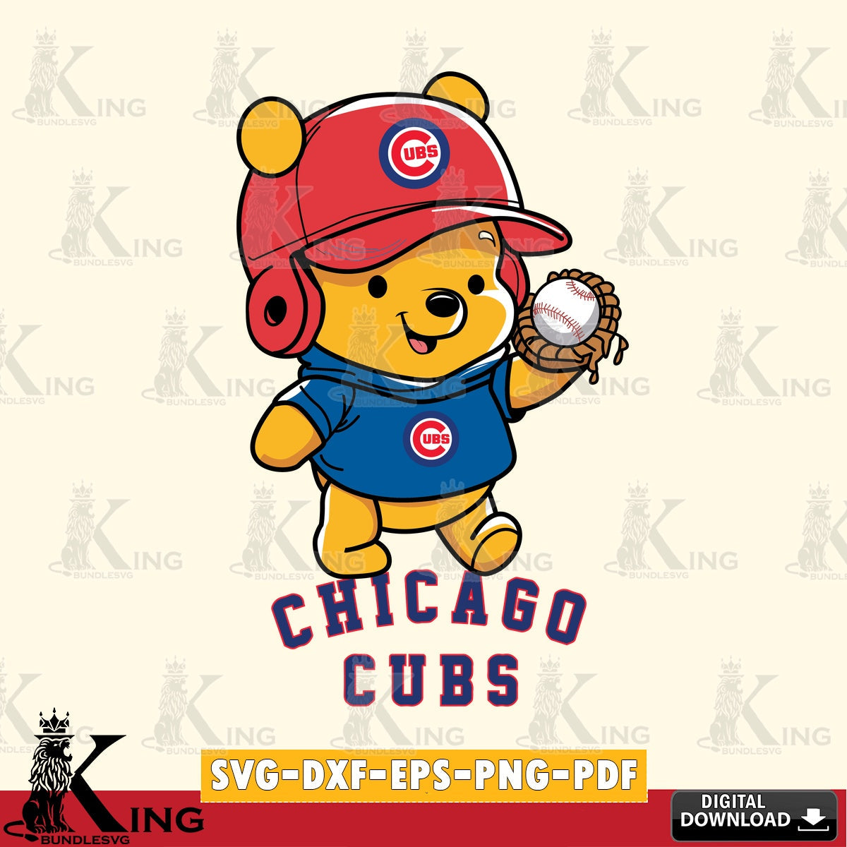 Hand-drawn style art of Chicago Cubs Pooh Bear Baseball, cut file ideal for vinyl projects and T-shirt printing.