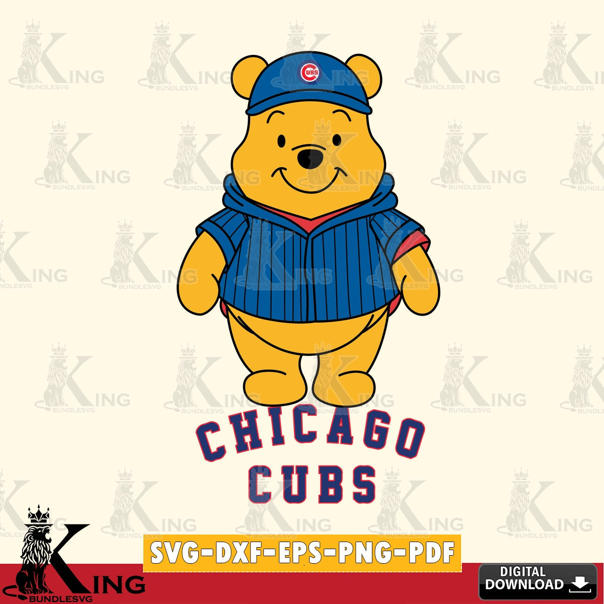 Custom design featuring Chicago Cubs Pooh Bear baseball mascot, a printable vector design for sublimation and crafts.