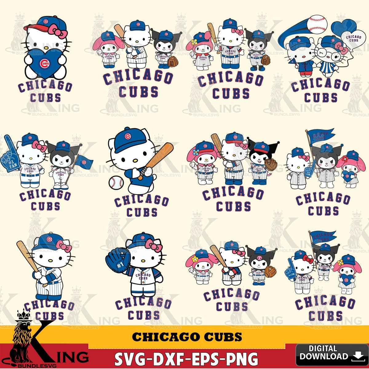 Huge collection of Chicago Cubs Sanrio Squad Baseball MLB Bundle digital clipart compatible with laser engraving and cutting