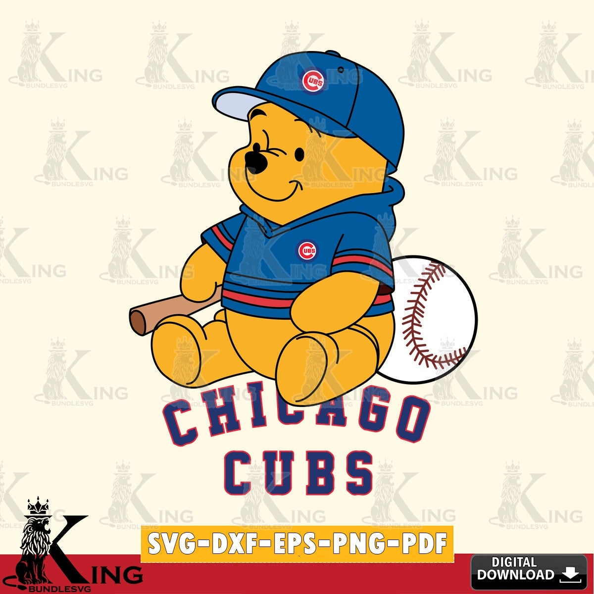 Artistic drawing of Chicago Cubs Winnie the Pooh baseball vector illustration for POD merchandise and apparel