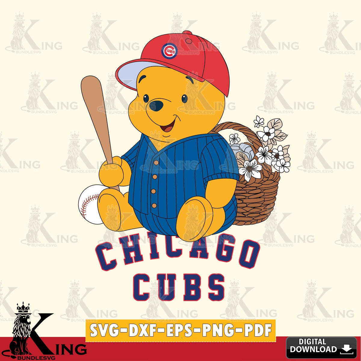 Artistic drawing of Chicago Cubs Winnie the Pooh Flower Baseball vector art for engraving, cutting, and printing
