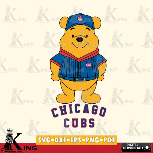 Hand-drawn style art of Chicago Cubs Winnie the Pooh Game Day, digital clipart compatible with laser engraving and cutting