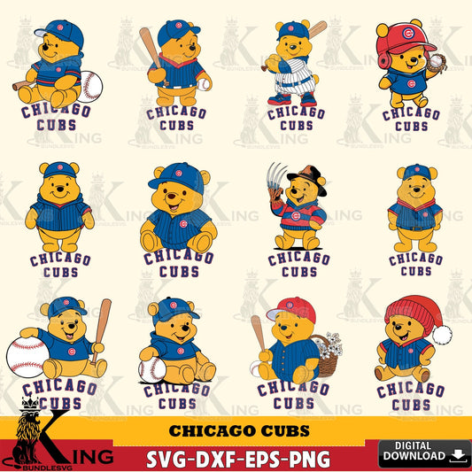 Jumbo collection of Chicago Cubs Winnie the Pooh MLB baseball bundle cut file ideal for vinyl projects and T-shirt printing.