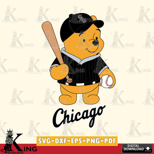 Eye-catching graphic of a Chicago White Sox baseball batter Winnie the Pooh, versatile clip art for stickers, decals, and mugs.