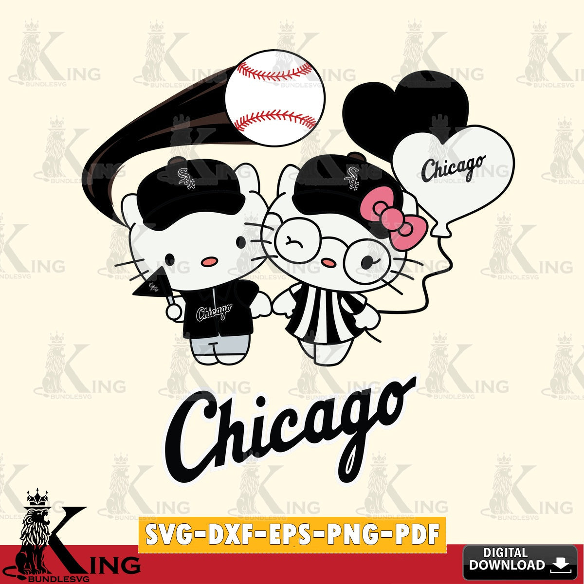 Complete bundle for Chicago White Sox Hello Kitty baseball couple digital clipart compatible with laser engraving and cutting