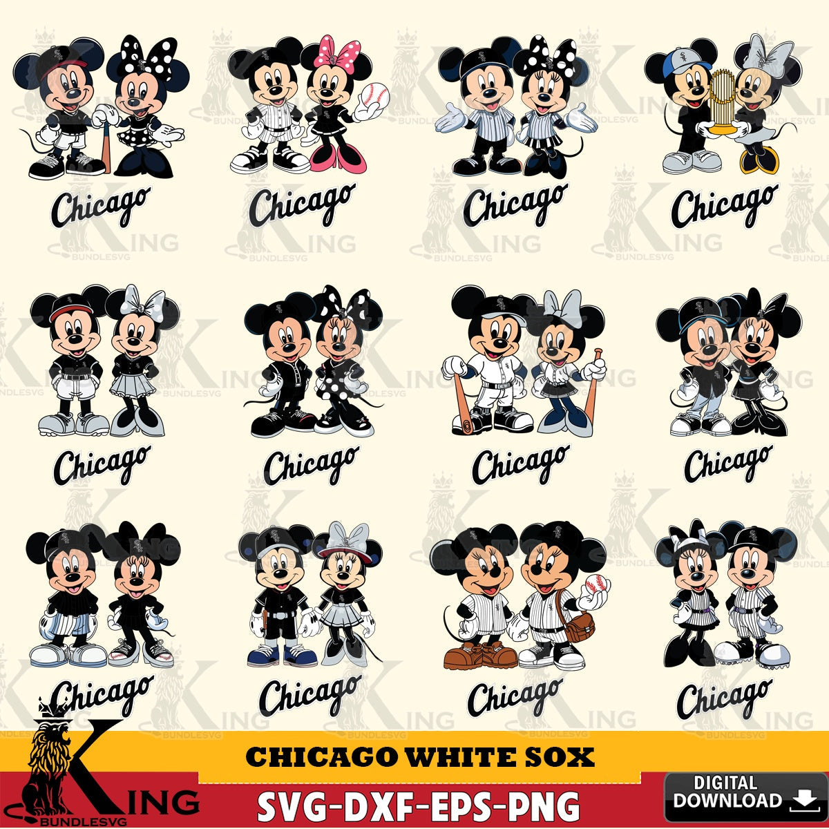 Chicago White Sox Mickey Minnie Baseball Player MLB Bundle SVG file , For Cricut,  File cut , Digital Download , PDF File, Cut Files