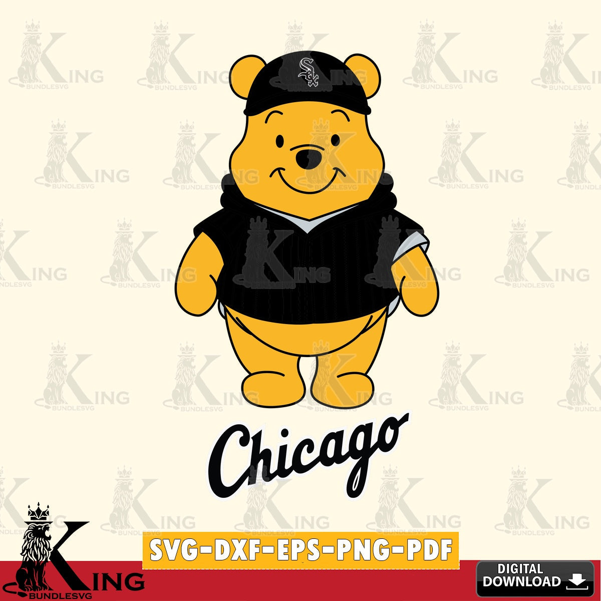 Printable art of Chicago White Sox Pooh Bear baseball mascot, SVG PNG design suitable for Glowforge and laser cutting.