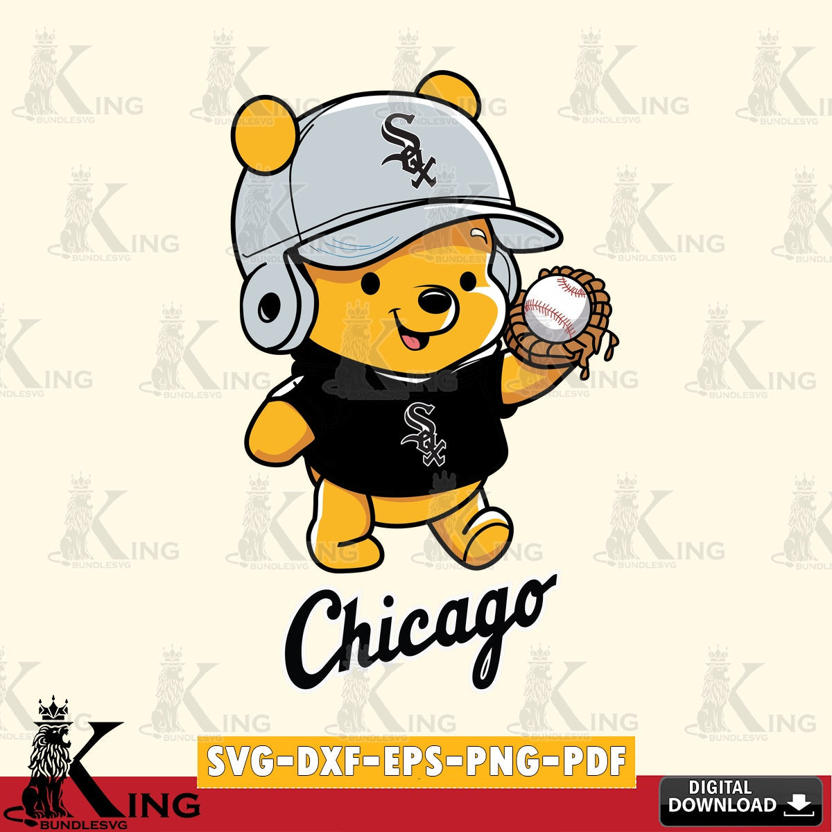 Custom design featuring Chicago White Sox Pooh Bear baseball vector illustration for POD merchandise and apparel