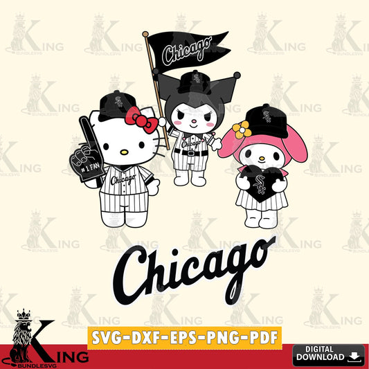 Hand-drawn style art of Chicago White Sox Sanrio Squad cute crafting file for iron-on transfer and vinyl decals