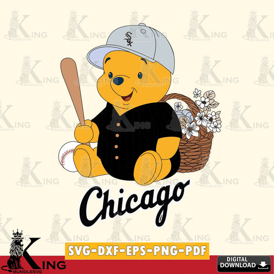 Custom design featuring Chicago White Sox Winnie the Pooh with a flower and baseball, versatile clip art for stickers, decals,