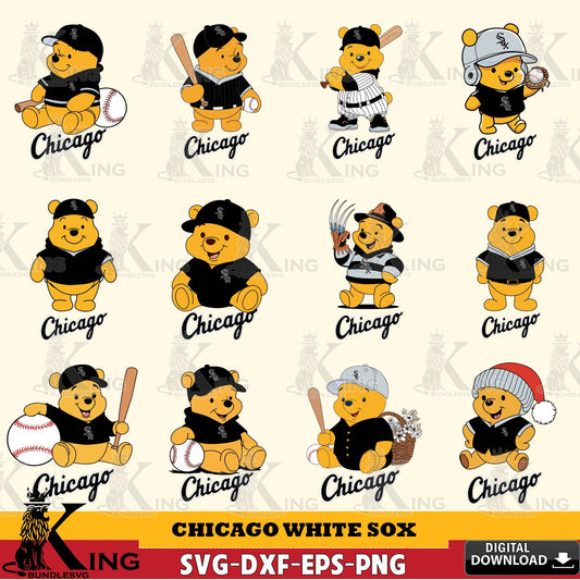 Ultimate set containing Chicago White Sox Winnie the Pooh MLB baseball bundle, a digital download for Cricut Maker and paper