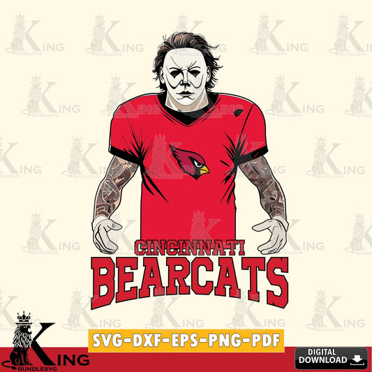 Detailed illustration of a Cincinnati Bearcats Michael Myers tattoo football design for NCAA, SVG PNG files perfect for Cricut