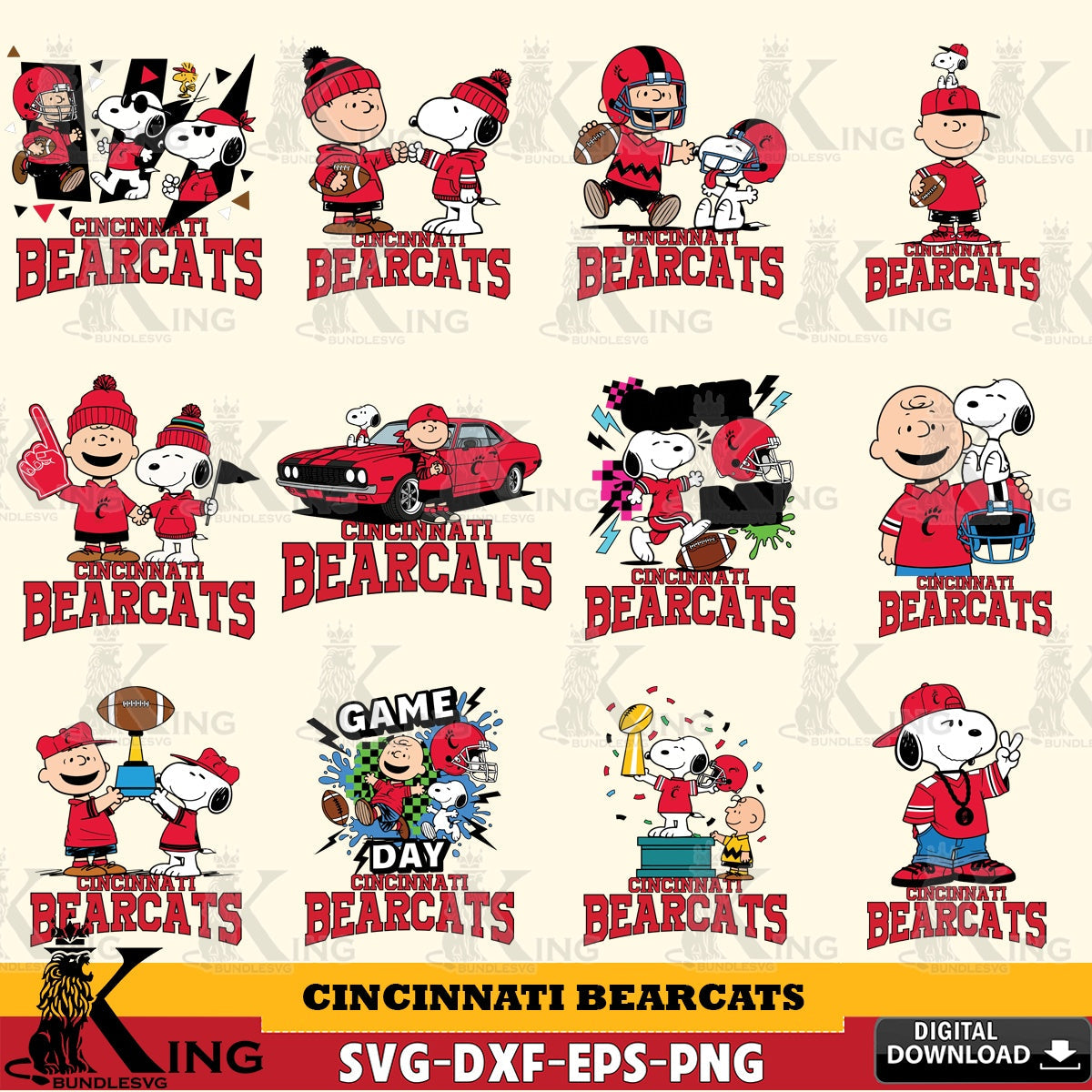 Cincinnati Bearcats Peanuts Football NCAA Bundle SVG, Cricut, Cut file  , Digital Download , Instant Download, Peanuts svg, NCAA svg, Football svg, Sport svg