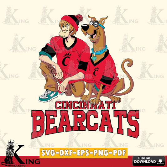 Unique artwork depicting Cincinnati Bearcats Shaggy and Scooby Doo football, NCAA vector illustration for POD merchandise and