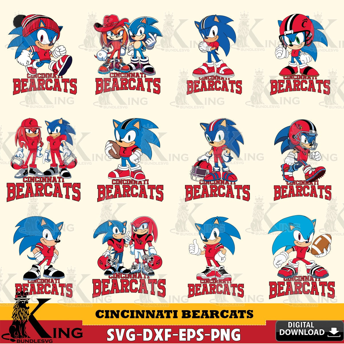 Premium pack containing Cincinnati Bearcats Sonic & Knuckles NCAA Football Bundle high-quality vector for DIY scrapbooking and