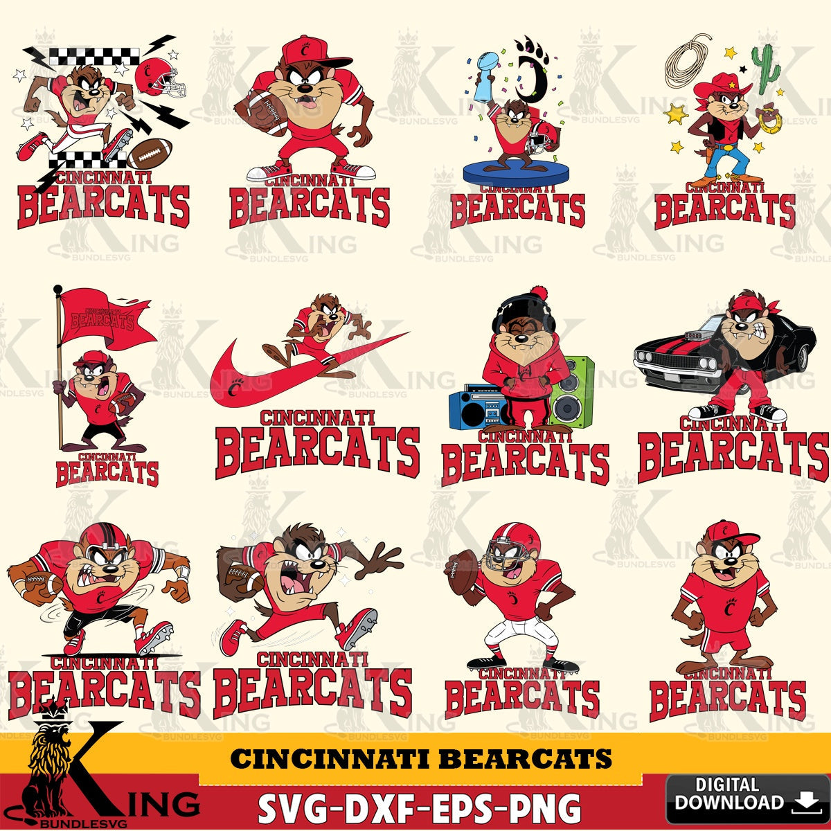 Cincinnati Bearcats Taz Football NCAA Bundle SVG file, Cut file  , Digital Download , Instant Download, Taz svg, NCAA svg