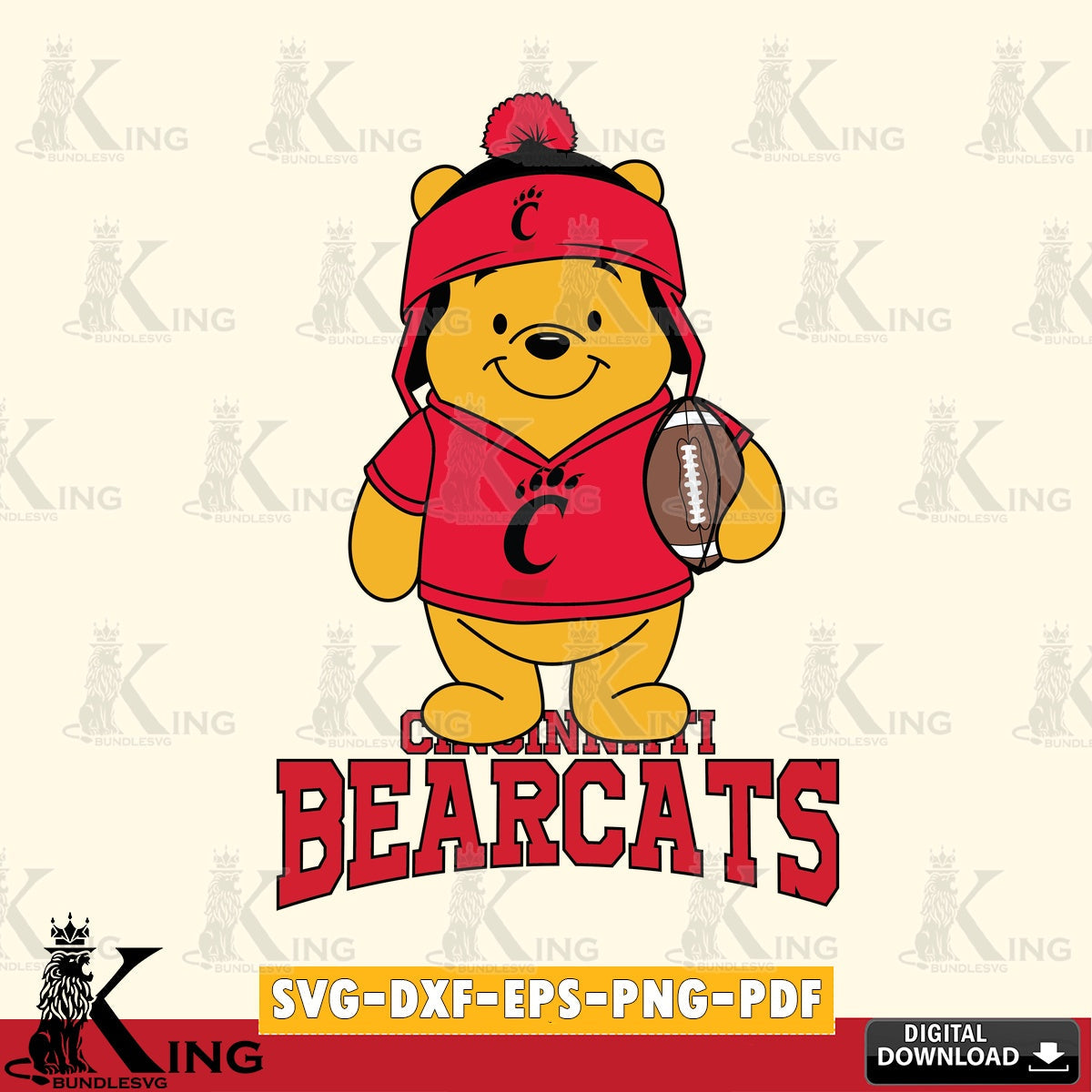 Printable art of Cincinnati Bearcats Winnie the Pooh football player, a NCAA digital clipart compatible with laser engraving and