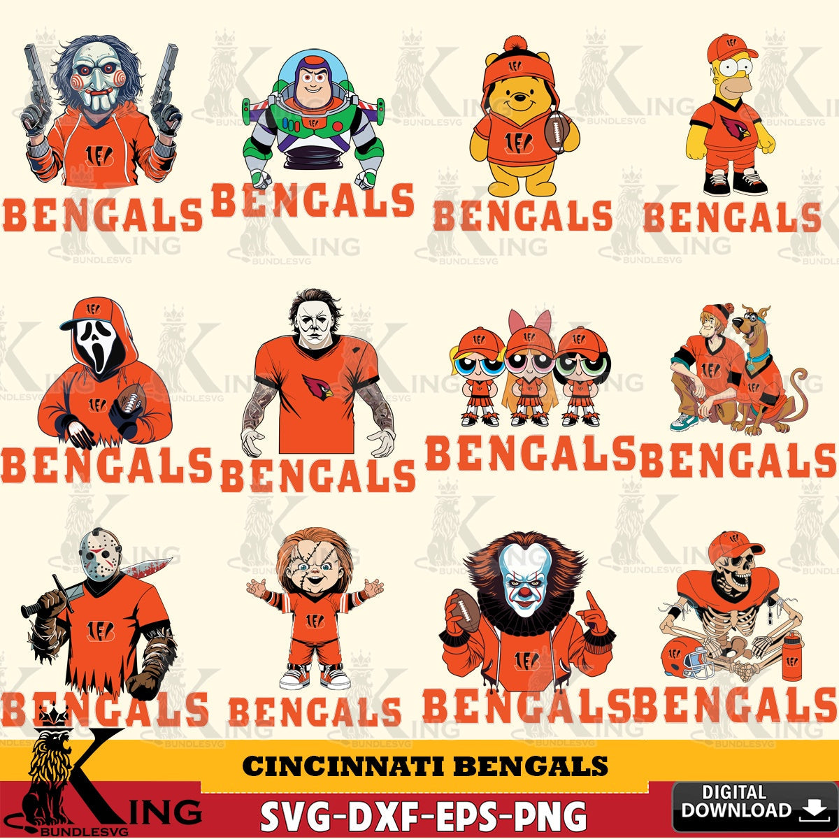 Jumbo collection of Cincinnati Bengals Cartoon Football NFL bundle vector illustration for POD merchandise and apparel