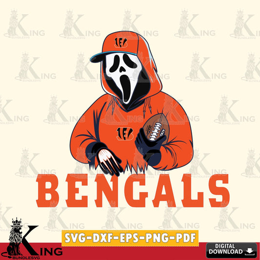 Hand-drawn style art of a Cincinnati Bengals Ghostface Scream football player, vector illustration for POD merchandise and apparel