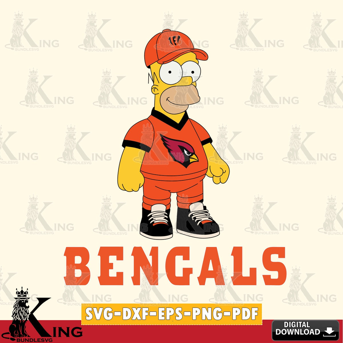 Artistic drawing of Cincinnati Bengals Homer Simpson playing football, crafting file for iron-on transfer and vinyl decals.