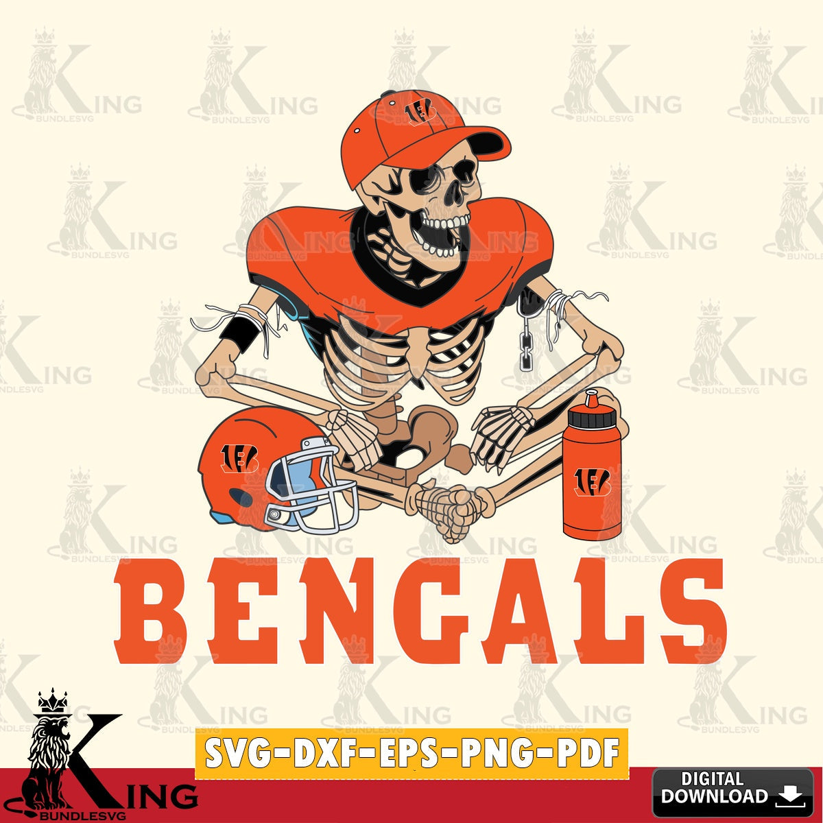 Hand-drawn style art of a Cincinnati Bengals skeleton player football, NFL cut file, SVG PNG files perfect for Cricut and