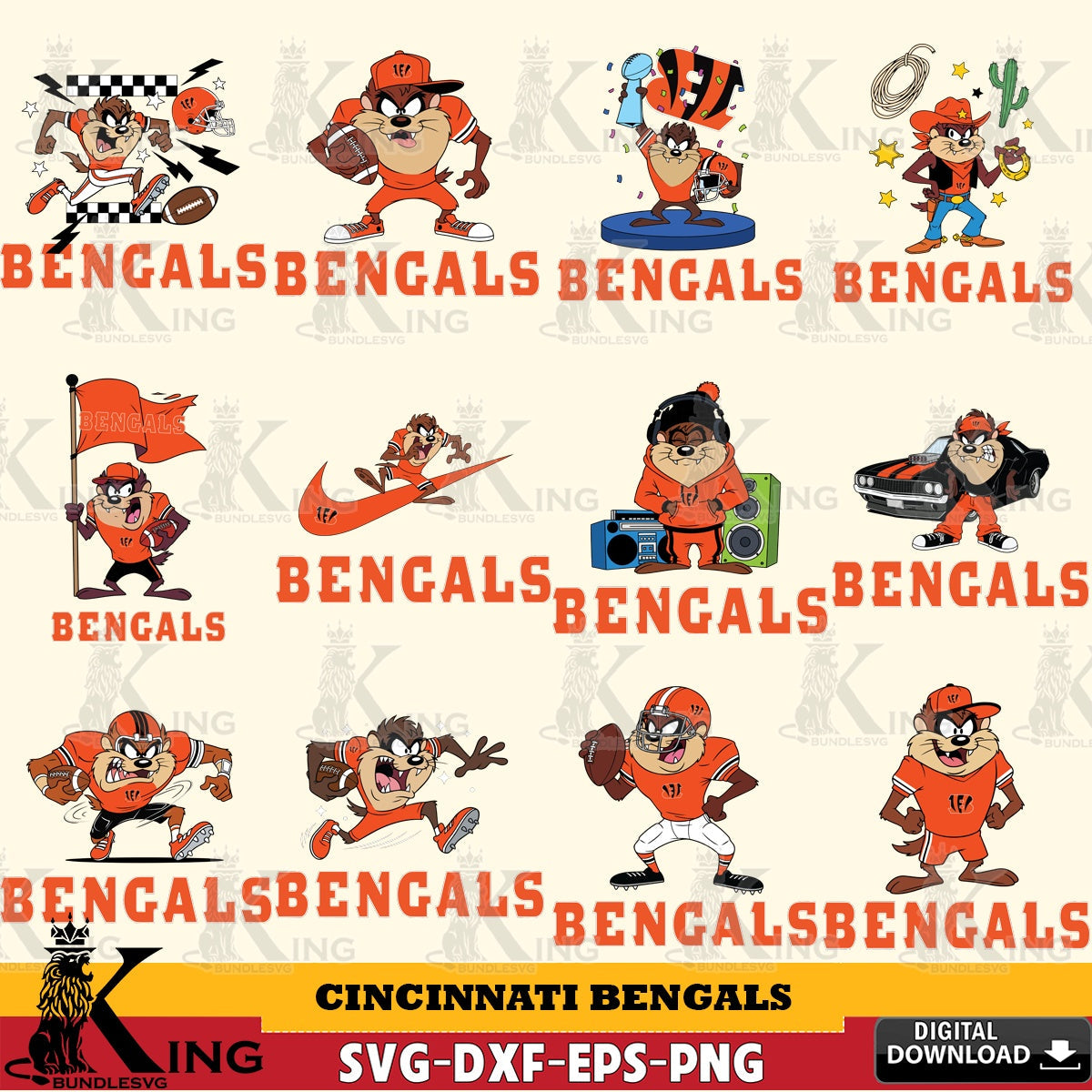 Cincinnati Bengals Taz (Looney Tunes) Football NFL Bundle Cut file  , Digital Download , Instant Download, Looney Tunes svg, Football svg