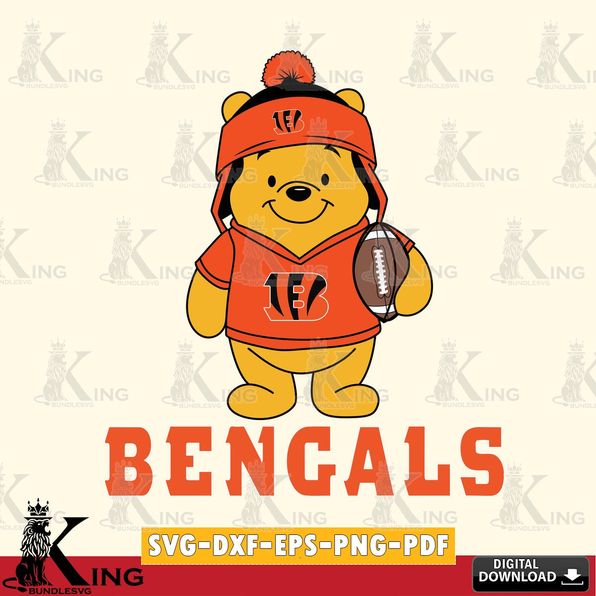 Eye-catching graphic of a Cincinnati Bengals Winnie the Pooh player on a football, digital clipart compatible with laser