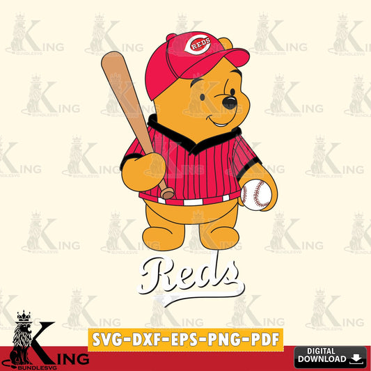 Digital download featuring Cincinnati Reds Baseball Batter Winnie the Pooh SVG PNG design suitable for Glowforge and laser cutting