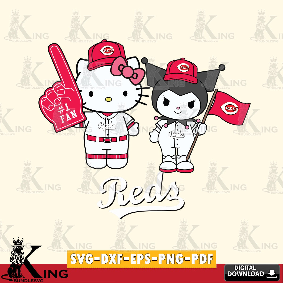 Complete bundle for Cincinnati Reds Hello Kitty Kuromi fan baseball, versatile clip art for stickers, decals, and mugs