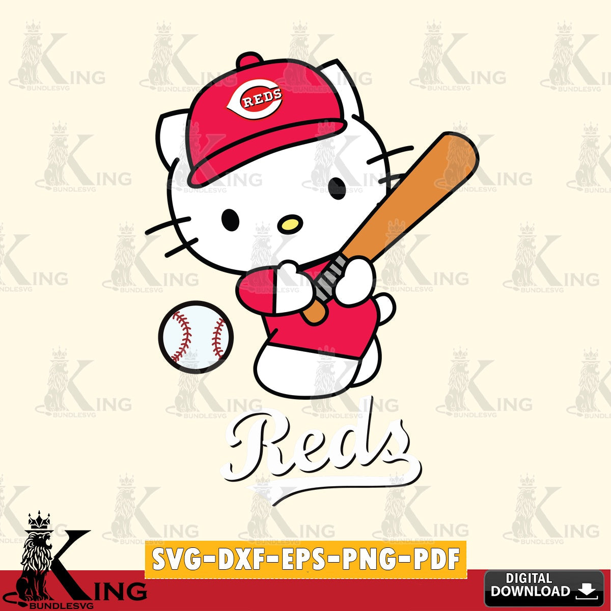 Premium pack containing Cincinnati Reds Hello Kitty playing baseball SVG PNG files perfect for Cricut and Silhouette cutting