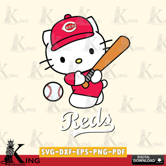 Premium pack containing Cincinnati Reds Hello Kitty playing baseball SVG PNG files perfect for Cricut and Silhouette cutting