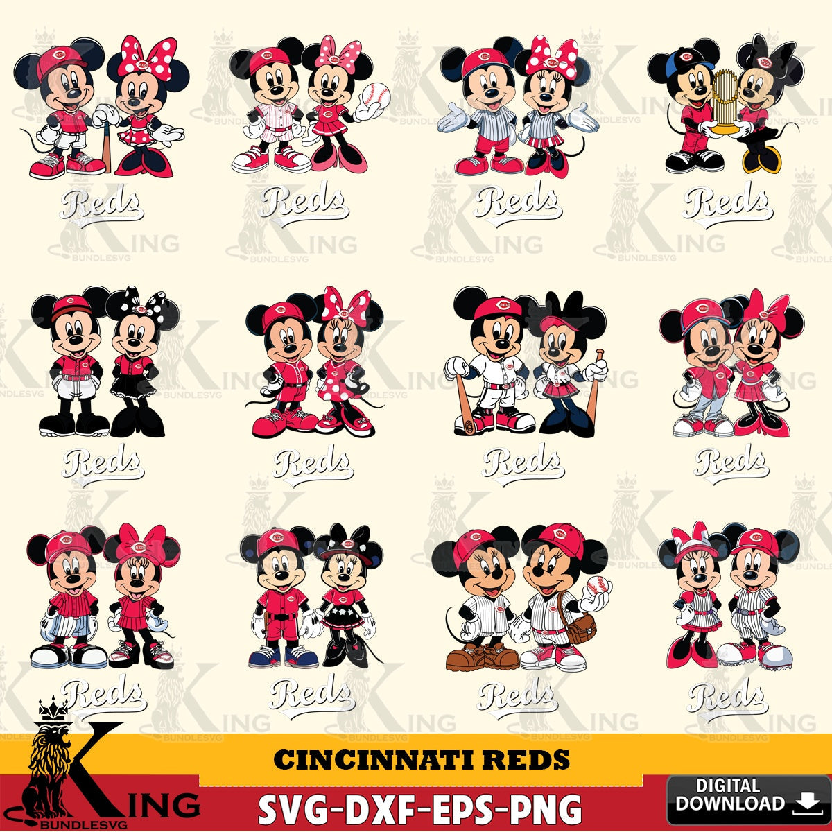 Cincinnati Reds Mickey Minnie Baseball Player MLB Bundle SVG file , For Cricut,  File cut , Digital Download , PDF File, Cut Files