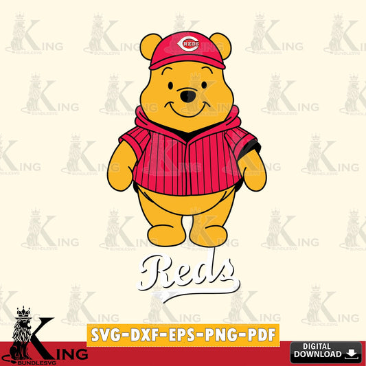 Beautiful illustration of Cincinnati Reds Pooh Bear baseball mascot, digital file for silhouette cameo and cricut projects
