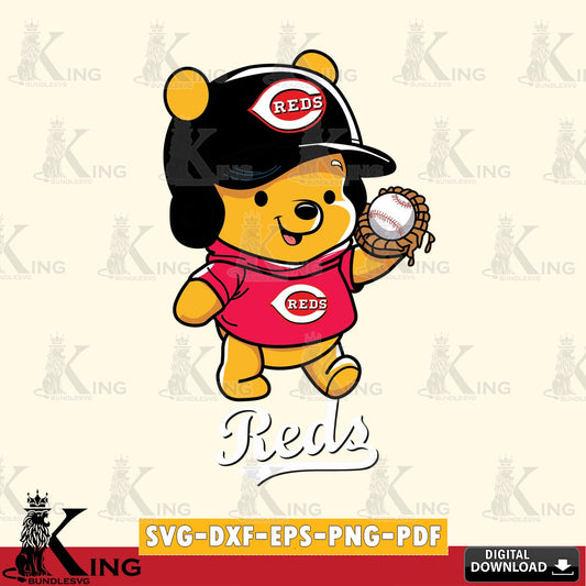 Creative design featuring Cincinnati Reds Pooh Bear Baseball, a digital clipart compatible with laser engraving and cutting