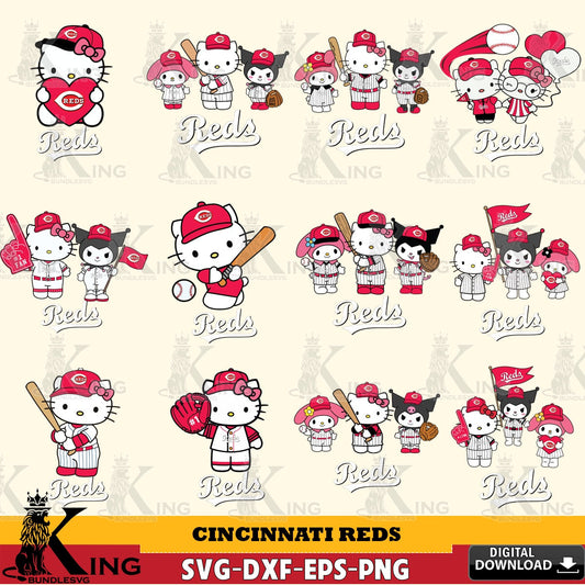 Variety pack of Cincinnati Reds Sanrio Squad Baseball MLB Bundle SVG PNG design suitable for Glowforge and laser cutting