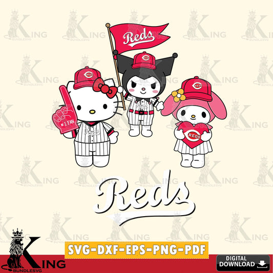 Modern graphic depicting Cincinnati Reds Sanrio Squad, a cute crafting file for iron-on transfer and vinyl decals.