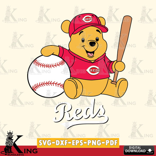 Beautiful illustration of Cincinnati Reds Winnie the Pooh baseball star player PNG clipart for sublimation printing and graphic