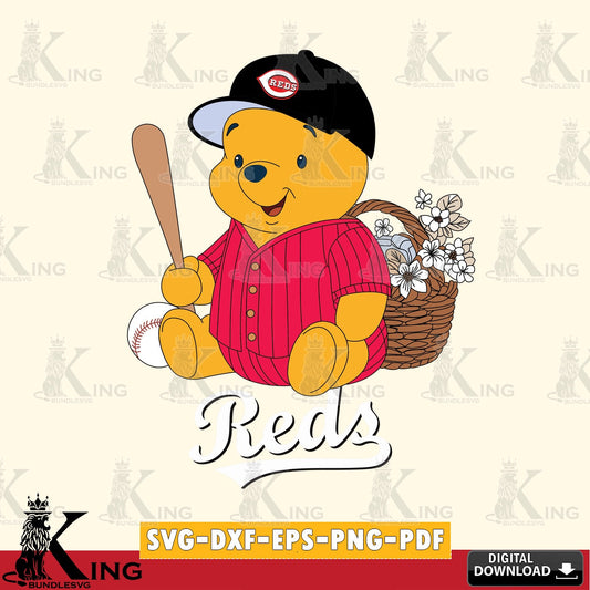 Printable art of Cincinnati Reds Winnie the Pooh with flower baseball, printable vector design for sublimation and crafts