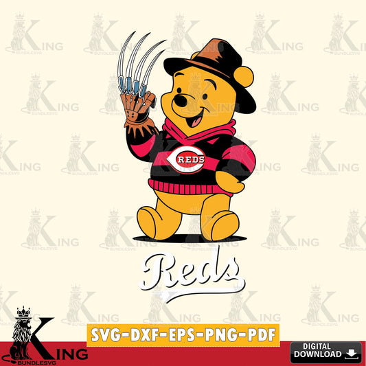 Printable art of Cincinnati Reds Winnie the Pooh Freddy Krueger Baseball SVG PNG files perfect for Cricut and Silhouette cutting