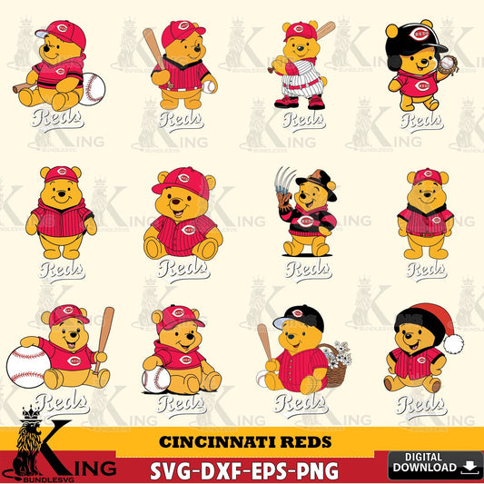 Comprehensive collection of Cincinnati Reds Winnie the Pooh MLB baseball Bundle SVG PNG files perfect for Cricut and Silhouette
